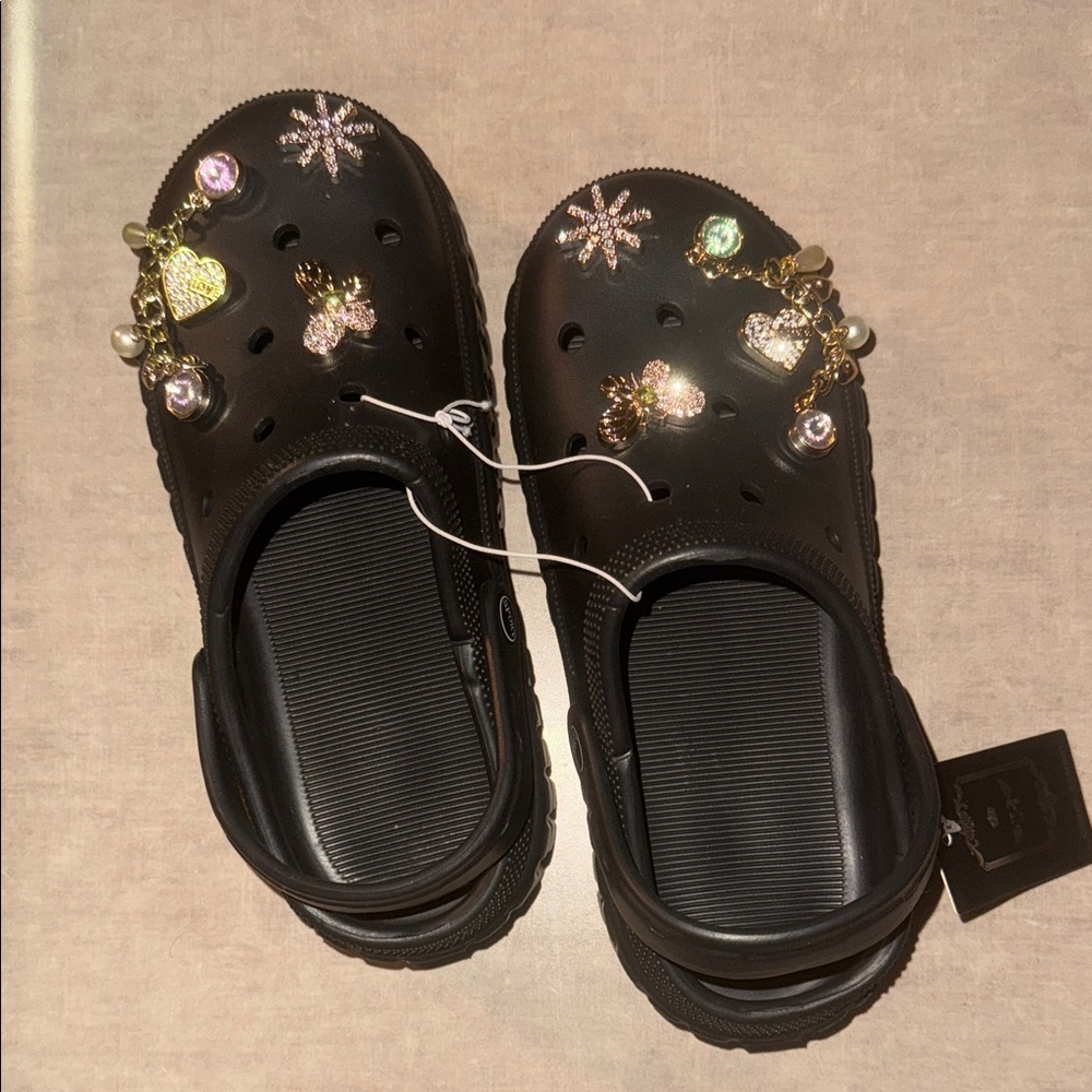 Kids Black Sandals with Glitter Charms
